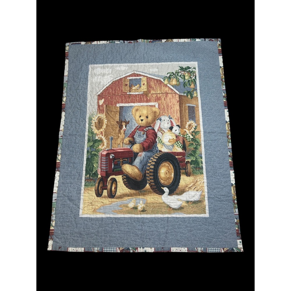 Vintage Teddy Bear Farm Tractor Baby Quilt Blanket Blue Red Nursery Wall Hanging